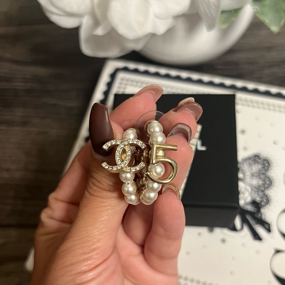 Chanel Gold 5 & Crystal CC Faux Pearl Hoop Earrings - Picture 7 of 10